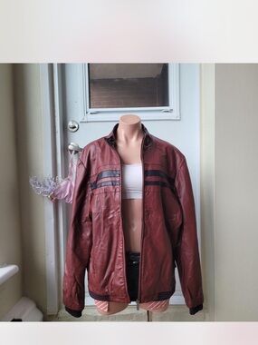Monte Carlo Men’s Burgundy Leather Bomber Jacket with Black Stripes
